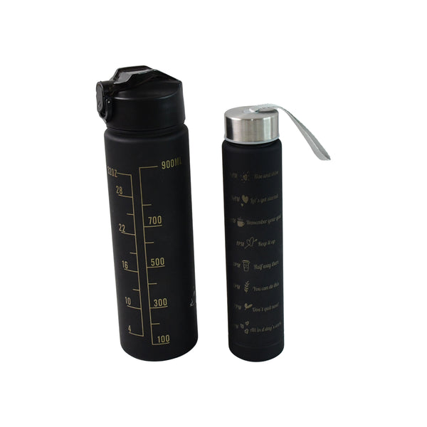 2 Pc Premium Black Motivational Water Bottle Set (900 Ml + 300 Ml)