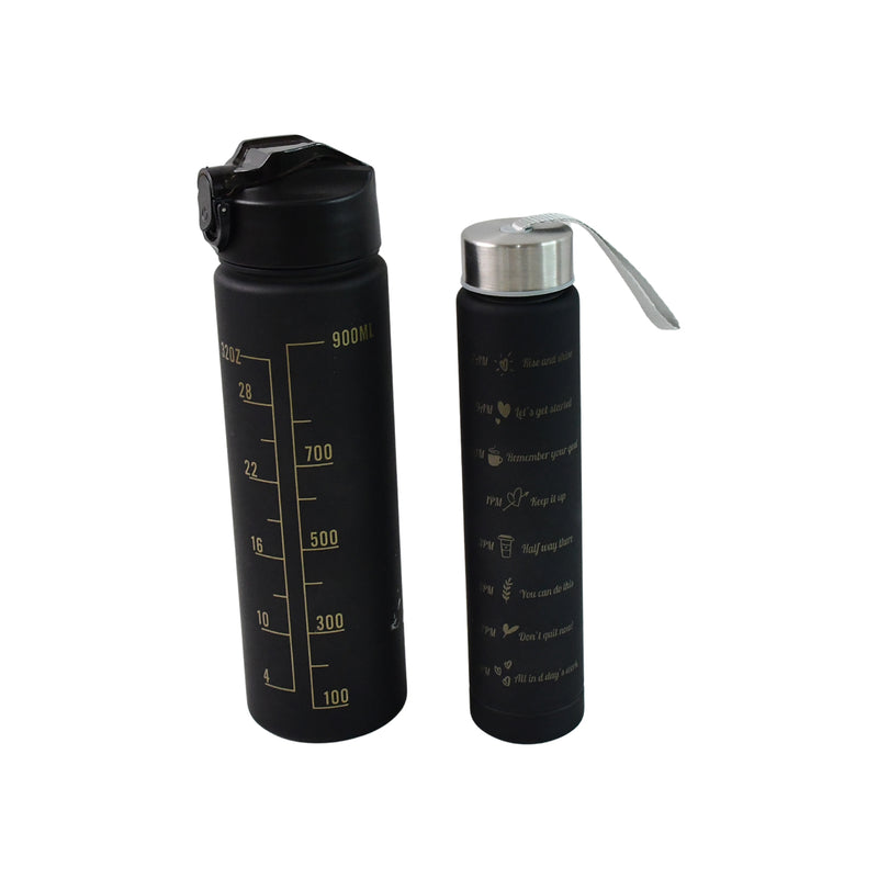 2 Pc Premium Black Motivational Water Bottle Set (900 Ml + 300 Ml)